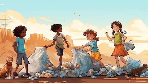 Zdjęcie grupa dzieci na dużym składowisku śmieci i pomaga w zbieraniu śmieci problem zanieczyszczenia środowiska