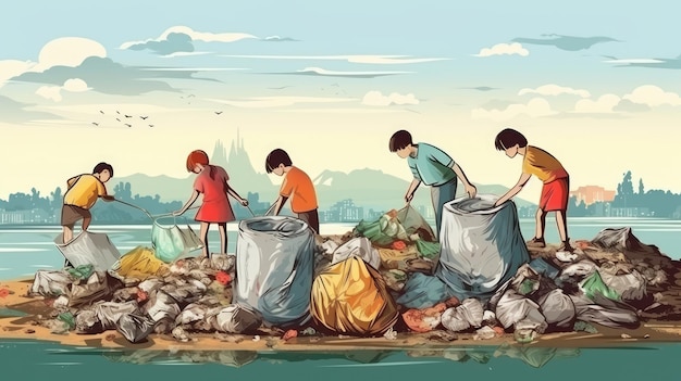 Zdjęcie grupa dzieci na dużym składowisku śmieci i pomaga w zbieraniu śmieci zagrożenie dla środowiska