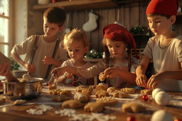 Grupa dzieci piekących i dekorujących ciasteczka dla