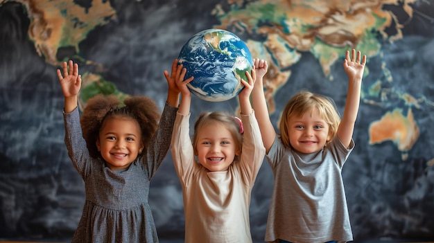 Grupa dzieci podnoszących ziemię dla Grenlandii i Dnia Ziemi, globalnego środowiska, klimatu
