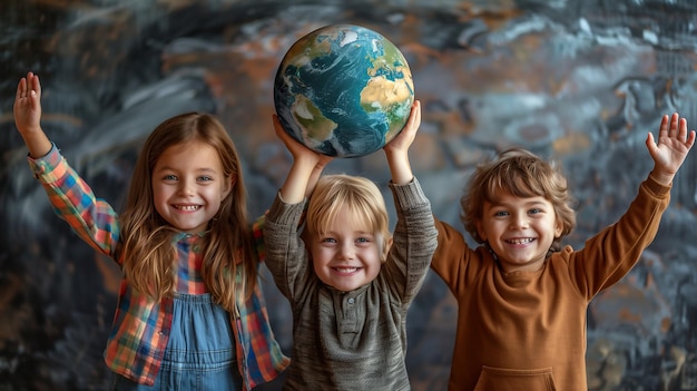 Zdjęcie grupa dzieci podnoszących ziemię dla grenlandii i dnia ziemi, globalnego środowiska, klimatu