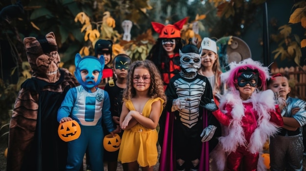 Grupa dzieci przebranych w kostiumy na halloween Obraz Generative AI