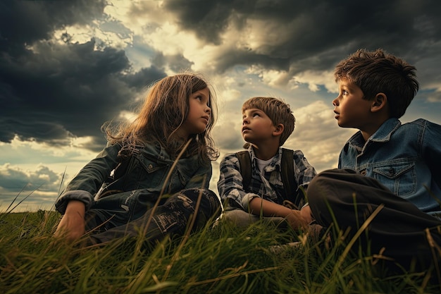 Grupa dzieci siedzących na szczycie bujnego zielonego pola