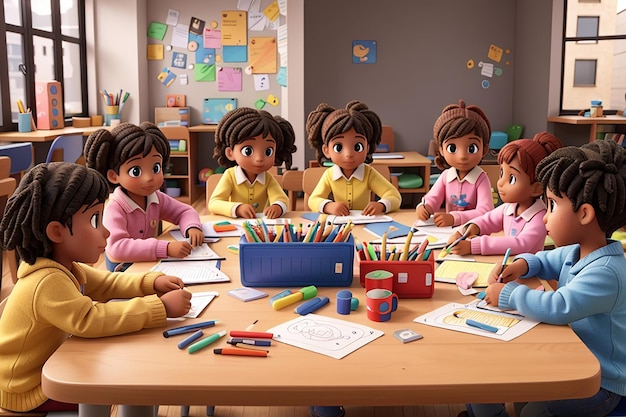 Grupa dzieci siedzących przy stole z markerami, kredkami i kolorową kartonem