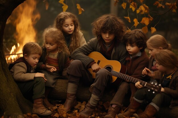 Grupa dzieci siedzących wokół ognia i grających na gitarze w lesie