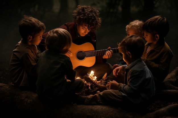 Grupa dzieci siedzących wokół ognia i grających na gitarze w lesie