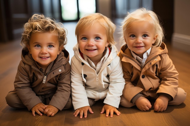 Grupa dzieci siedzi na drewnianej podłodze