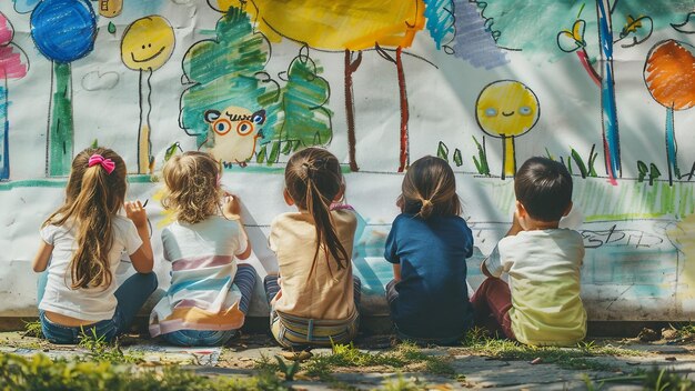 Grupa dzieci siedzi przed muralem