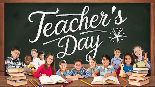 Grupa dzieci siedzi przed tablicą z napisanymi na niej słowami "Dzień nauczyciela"