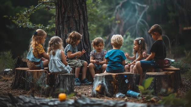 Grupa dzieci siedzi szczęśliwie na szczycie dużego pnia drzewa ciesząc się chwilą kapryśnej ucieczki w nat