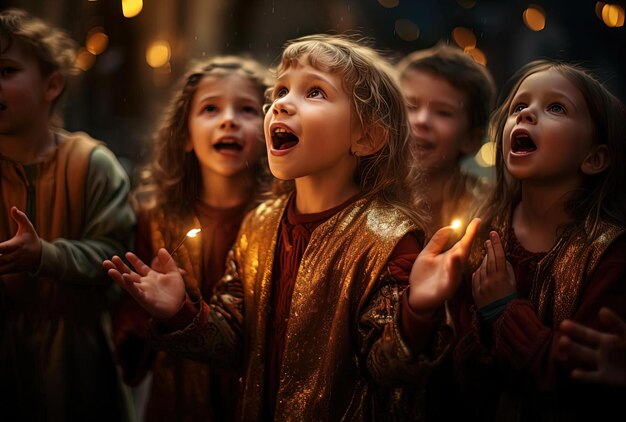 Zdjęcie grupa dzieci śpiewa i trzyma się za ręce w stylu mitycznego opowiadania historii.