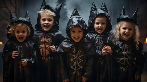 Grupa dzieci ubranych w kostiumy halloween Generatywna sztuczna inteligencja