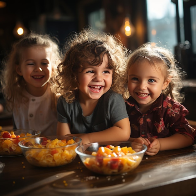 Grupa dzieci w dobrze oświetlonej kuchni z miskami z owocami