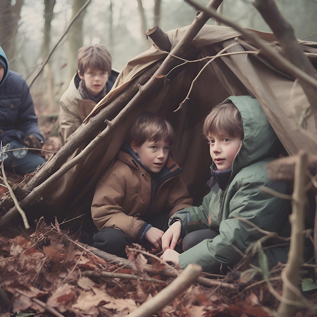 Zdjęcie grupa dzieci w jesiennym lesie siedząca w namiocie