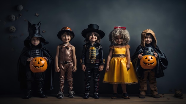 Grupa dzieci w kostiumach na halloween pozowanie na ciemnym tle