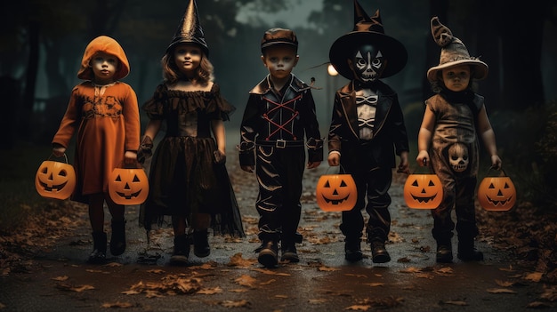 Grupa dzieci w kostiumach na Halloween z dyniami w lesie