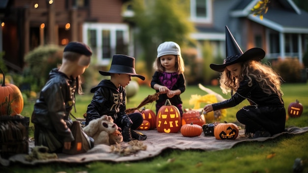Zdjęcie grupa dzieci w kostiumach świętujących halloween