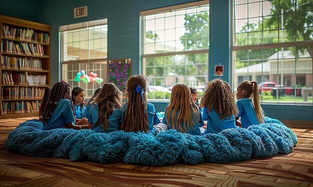 Zdjęcie grupa dzieci w niebieskich mundurach siedzi na łóżku.