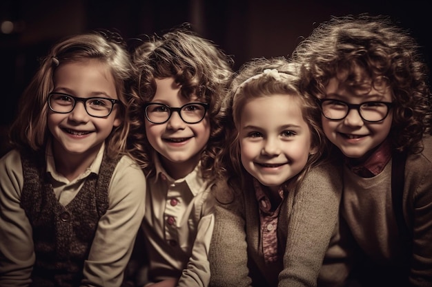 Grupa dzieci w okularach uśmiecha się i patrzy w kamerę