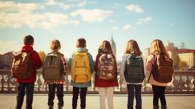grupa dzieci z plecakami patrzących na miasto.