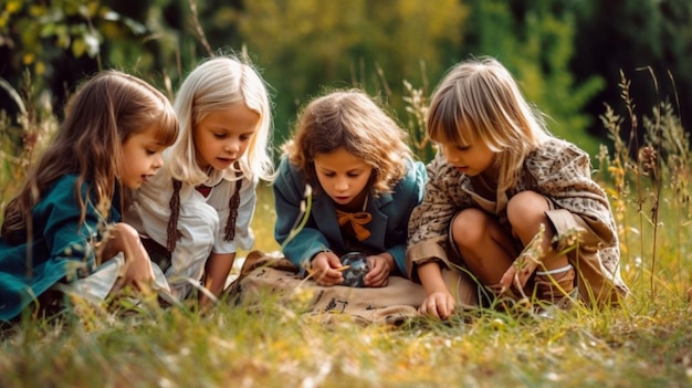 Grupa dzieci zaangażowanych w pełne zabawy poszukiwanie skarbów na świeżym powietrzu w poszukiwaniu ukrytych skarbów