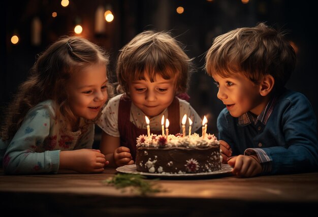 Grupa dzieciaków patrzących na tort z zapalonymi świecami