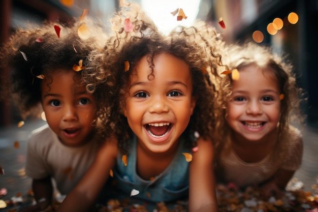 Grupa dziecięca Szczęśliwe wielokulturowe dzieci bawiące się świętują swoje urodziny kolorowymi konfetami koncepcja urodzin dziecka