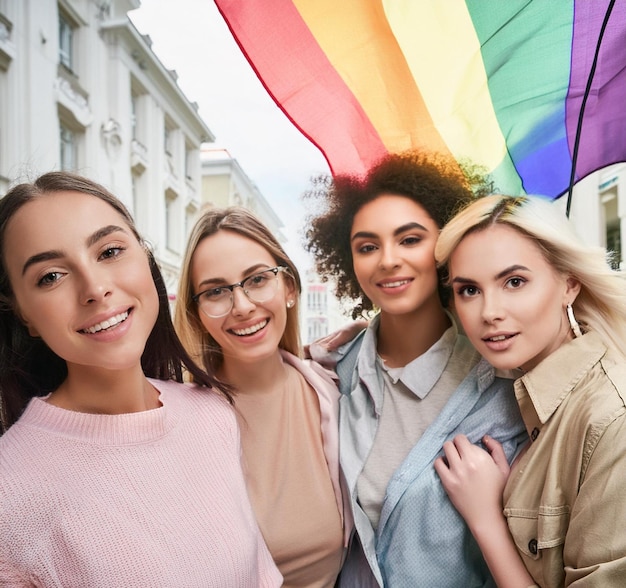 Zdjęcie grupa dziewcząt pokazuje różnorodność w dniu dumy dzień proud falg kolor tęczy falg