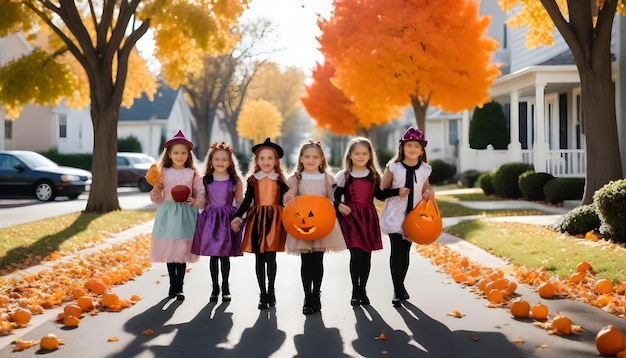 Grupa dziewcząt w kostiumach halloween stoi na podjeździe z dyniami
