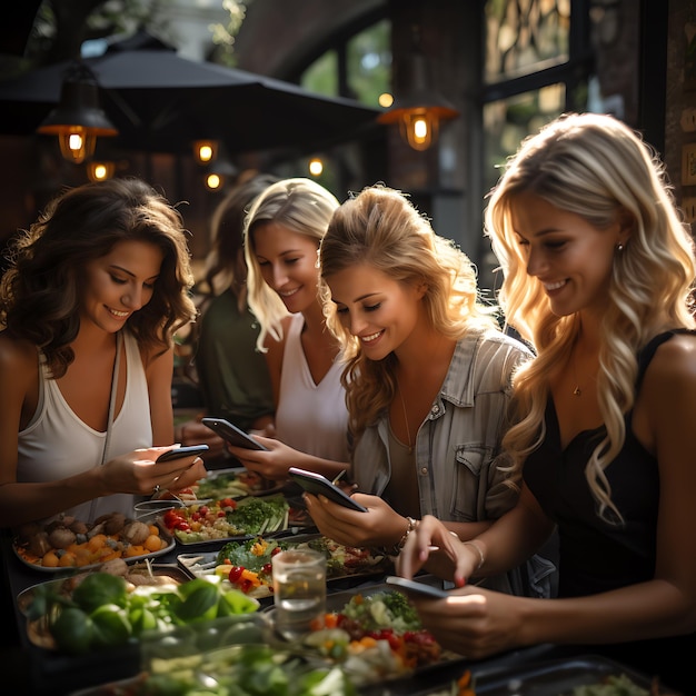 Grupa dziewczyn siedzi w restauracji i wszystkie robią zdjęcia na swoich smartfonach