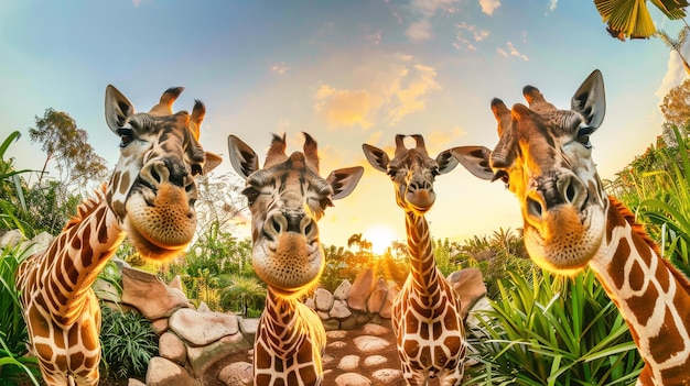 Grupa eleganckich żyraf stojących obok siebie, pokazując swoje długie szyje i unikalne plamy na sawannie
