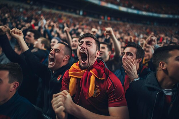 Grupa fanów na stadionie euforyczna o piłkę nożną