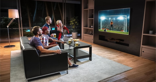 Grupa fanów ogląda moment piłki nożnej w telewizorze i świętuje bramkę siedząc na kanapie w salonie salon jest wykonany w 3D