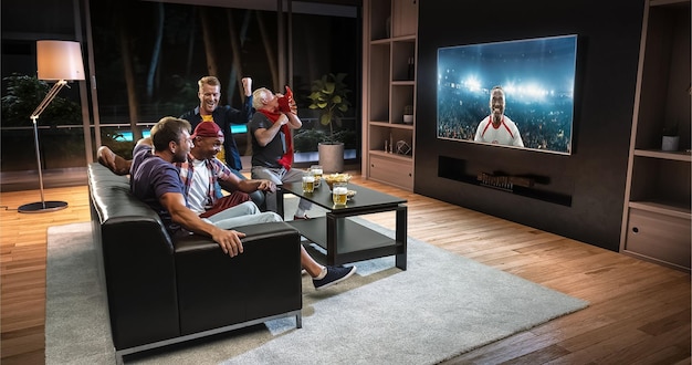 Grupa fanów ogląda moment piłki nożnej w telewizorze i świętuje bramkę siedząc na kanapie w salonie salon jest wykonany w 3D