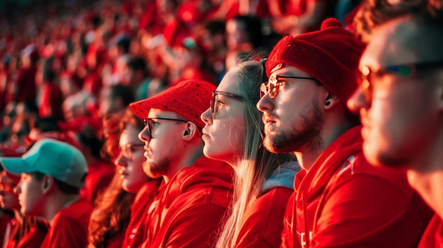 Zdjęcie grupa fanów ubranych na czerwono oglądających wydarzenie sportowe