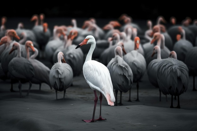 Grupa flamingów na środku jeziora Czarne tło Wyróżniający się z tłumu biały ptak wyróżniający się spośród innych Sztuczna inteligencja