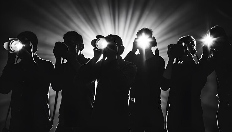 Zdjęcie grupa fotografów z kamerami na czarnym tle paparazzi robi zdjęcia z błyskami