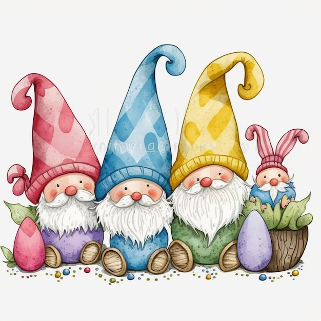 grupa gnomów z kolorowymi kapeluszami i długimi brodami