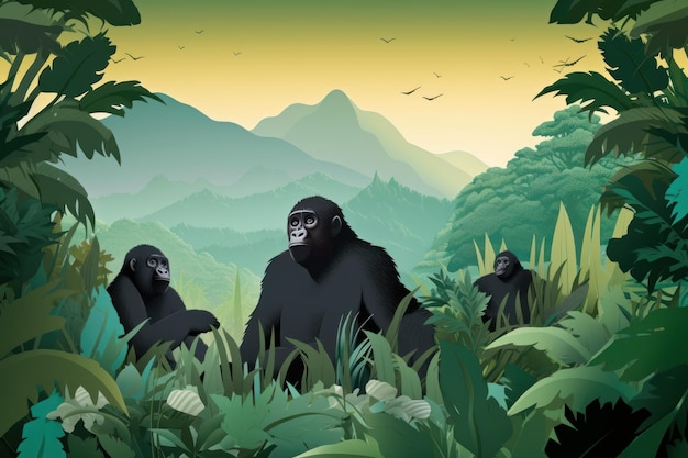 Grupa goryli w dżungli z górami w tle.