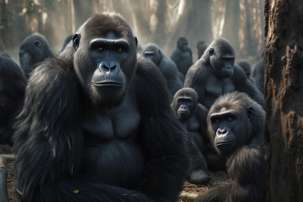 Grupa goryli zbiera się w lesie.
