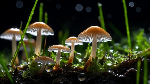 Grupa grzybów siedzących na szczycie bujnego zielonego pola