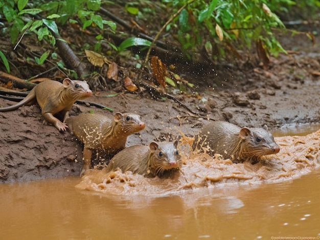 Grupa hipopotamów przekracza rzekę w dżungli.