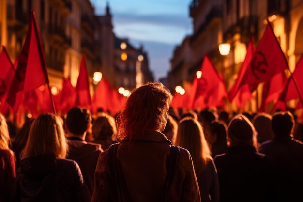 Zdjęcie grupa idąca ulicą z czerwonymi flagami