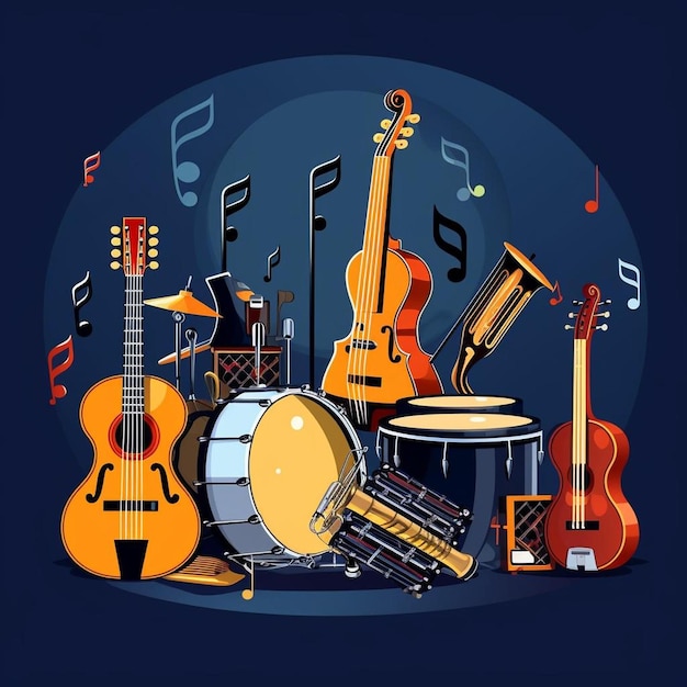 Zdjęcie grupa instrumentów muzycznych na niebieskim tle