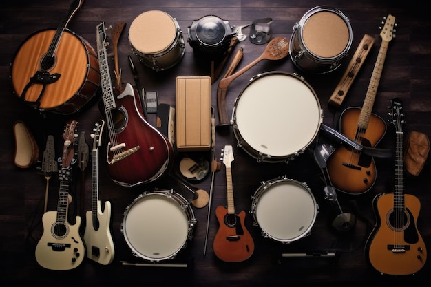 Zdjęcie grupa instrumentów muzycznych, w tym bębn gitarowy, klawisze, tamburyn