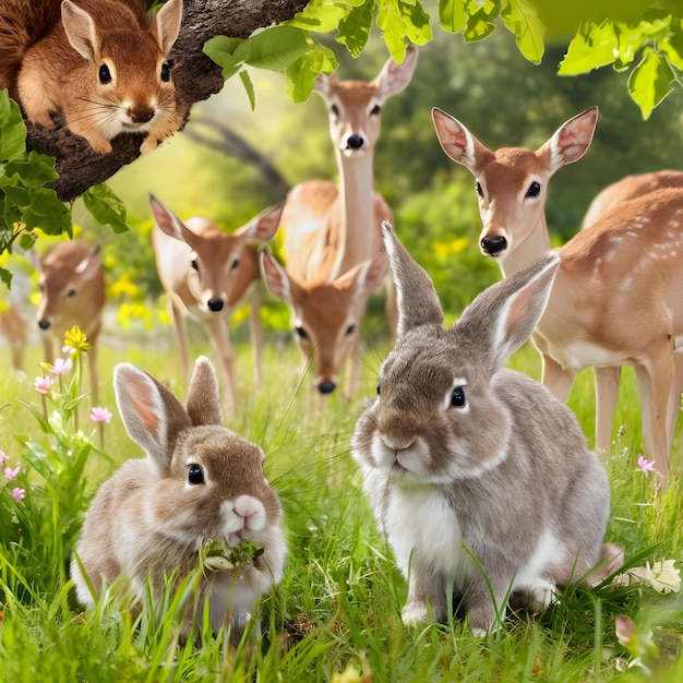 grupa jelenia na polu z jeleniem na tle z królikami