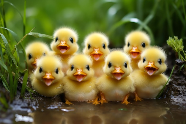 Grupa kaczek cieszy się razem deszczem
