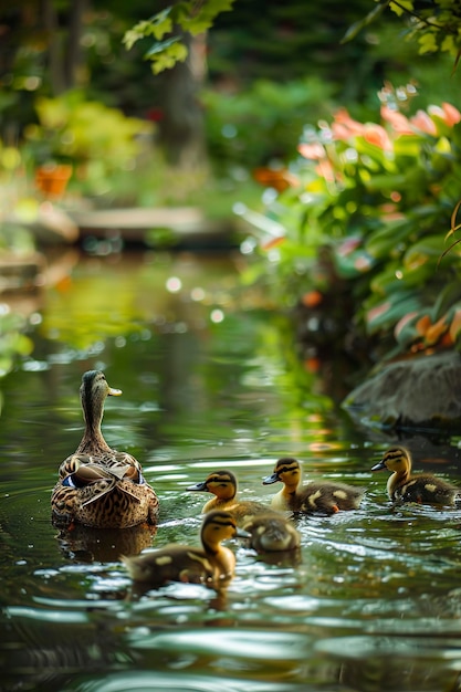 Zdjęcie grupa kaczek pływających na jeziorze