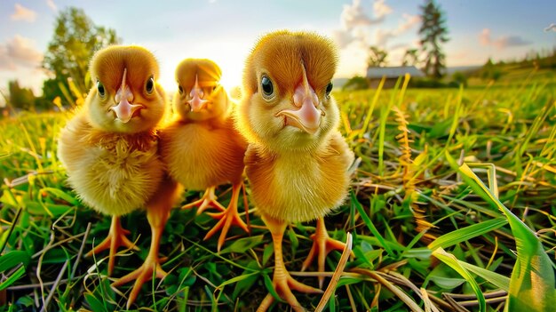 Grupa kaczek stoi na szczycie tętniącego życiem zielonego pola