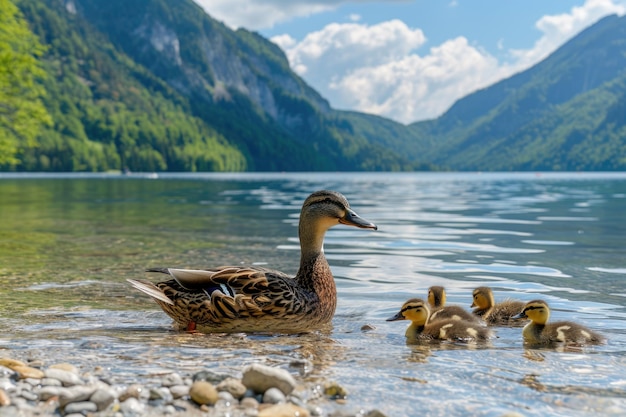 Grupa kaczek, w tym kaczka matka i kaczątka pływają w jeziorze w słoneczny dzień